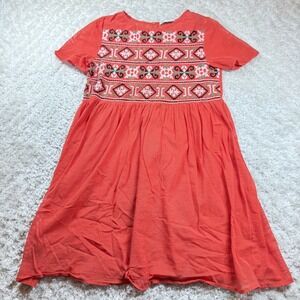 ZARA Embroidered Mesh Dress Women's XL Coral Orange Boho Tribal Pattern Festival